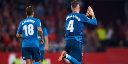 SEVILLE, SPAIN - MAY 09: Sergio Ramos of Real Madrid celebrates after scoring his team's second goal during the La Liga match between Sevilla FC and Real Madrid at Ramon Sanchez Pizjuan stadium on May 9, 2018 in Seville, Spain. (Photo by Aitor Alcalde/Getty Images)