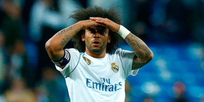 Real Madrid's Brazilian defender Marcelo gestures during the Spanish league football match between Real Madrid and Celta Vigo at the Santiago Bernabeu Stadium in Madrid on May 12, 2018. (Photo by Benjamin CREMEL / AFP) (Photo credit should read BENJAMIN CREMEL/AFP/Getty Images)