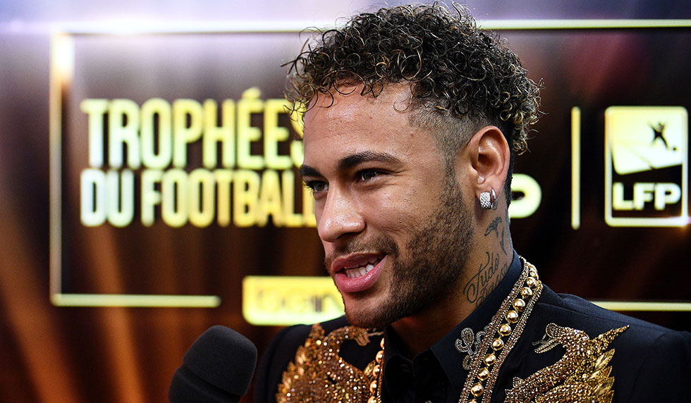 Paris Saint-Germain's Brazilian forward Neymar answers journalists questions before a TV show on May 13, 2018 in Paris, as part of the 27th edition of the UNFP (French National Professional Football players Union) trophy ceremony. (Photo by FRANCK FIFE / AFP) (Photo credit should read FRANCK FIFE/AFP/Getty Images)