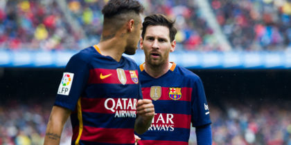 BARCELONA, SPAIN - MAY 08: Lionel Messi of FC Barcelona speaks to his teammate Neymar Santos Jr during the La Liga match between FC Barcelona and RCD Espanyol at Camp Nou on May 8, 2016 in Barcelona, Spain. (Photo by Alex Caparros/Getty Images)