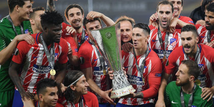 LYON, FRANCE - MAY 16: Atletico Madrid players lift The Europa League trophy after the UEFA Europa League Final between Olympique de Marseille and Club Atletico de Madrid at Stade de Lyon on May 16, 2018 in Lyon, France. (Photo by Matthias Hangst/Getty Images)