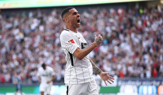 FRANKFURT AM MAIN, GERMANY - MAY 05: Omar Mascarell of Frankfurt celebrates after he scored a goal to make it 2:0 during the Bundesliga match between Eintracht Frankfurt and Hamburger SV at Commerzbank-Arena on May 5, 2018 in Frankfurt am Main, Germany. (Photo by Alex Grimm/Bongarts/Getty Images)