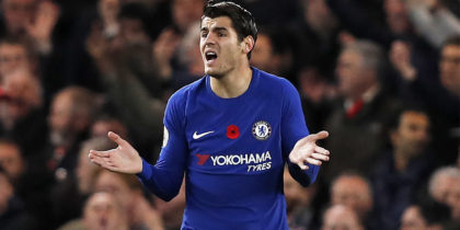 Chelsea's Spanish striker Alvaro Morata reacts after their goal was disallowed during the English Premier League football match between Chelsea and Manchester United at Stamford Bridge in London on November 5, 2017. / AFP PHOTO / Adrian DENNIS / RESTRICTED TO EDITORIAL USE. No use with unauthorized audio, video, data, fixture lists, club/league logos or 'live' services. Online in-match use limited to 75 images, no video emulation. No use in betting, games or single club/league/player publications. / (Photo credit should read ADRIAN DENNIS/AFP/Getty Images)