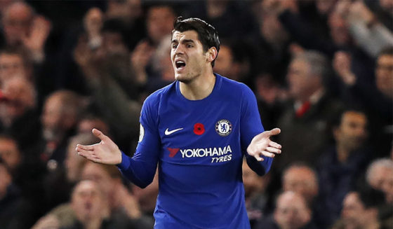 Chelsea's Spanish striker Alvaro Morata reacts after their goal was disallowed during the English Premier League football match between Chelsea and Manchester United at Stamford Bridge in London on November 5, 2017. / AFP PHOTO / Adrian DENNIS / RESTRICTED TO EDITORIAL USE. No use with unauthorized audio, video, data, fixture lists, club/league logos or 'live' services. Online in-match use limited to 75 images, no video emulation. No use in betting, games or single club/league/player publications. / (Photo credit should read ADRIAN DENNIS/AFP/Getty Images)