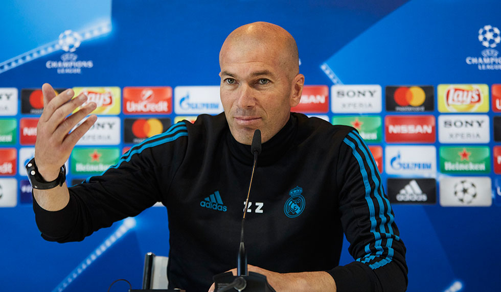 MADRID, SPAIN - MAY 22: Head coach Zinedine Zidane of Real Madrid CF attends a press conference during the Real Madrid UEFA Open Media Day ahead of the UEFA Champions League Final match between Real Madrid and Liverpool at Valdebebas training ground on May 22, 2018 in Madrid, Spain. (Photo by Gonzalo Arroyo Moreno/Getty Images)