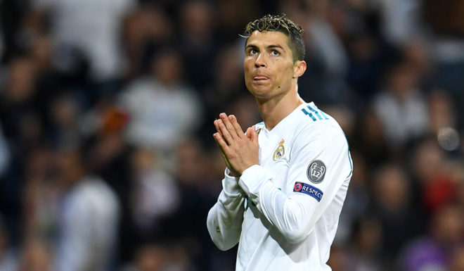 MADRID, SPAIN - MAY 01: Cristiano Ronaldo of Real Madrid reacts during the UEFA Champions League Semi Final Second Leg match between Real Madrid and Bayern Muenchen at the Bernabeu on May 1, 2018 in Madrid, Spain. (Photo by David Ramos/Getty Images)