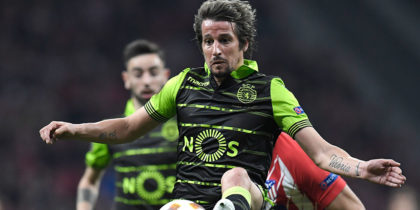 Sporting's Portuguese midfielder Fabio Coentrao controls the ball during the UEFA Europa League quarter-final first leg football match between Club Atletico de Madrid and Sporting CP at the Wanda Metropolitano Stadium in Madrid on April 5, 2018. / AFP PHOTO / GABRIEL BOUYS (Photo credit should read GABRIEL BOUYS/AFP/Getty Images)