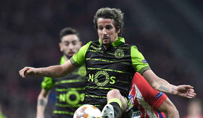 Sporting's Portuguese midfielder Fabio Coentrao controls the ball during the UEFA Europa League quarter-final first leg football match between Club Atletico de Madrid and Sporting CP at the Wanda Metropolitano Stadium in Madrid on April 5, 2018. / AFP PHOTO / GABRIEL BOUYS (Photo credit should read GABRIEL BOUYS/AFP/Getty Images)