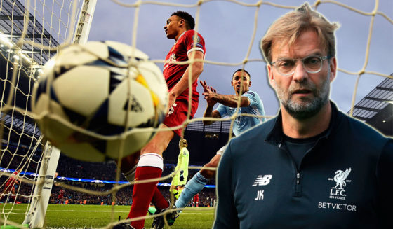 MANCHESTER, ENGLAND - APRIL 10: Gabriel Jesus of Manchester City collects the ball out of the net after he scores his sides first goal as Trent Alexander-Arnold of Liverpool reacts during the UEFA Champions League Quarter Final Second Leg match between Manchester City and Liverpool at Etihad Stadium on April 10, 2018 in Manchester, England. (Photo by Laurence Griffiths/Getty Images,)