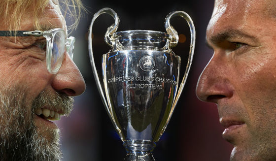FILE PHOTO (EDITORS NOTE: COMPOSITE OF IMAGES - Image numbers L-R 824280260,464313758,956612460) In this composite image a comparision has been made between head coach Juergen Klopp of Liverpool (L) and head coach Zinedine Zidane of Real Madrid. Real Madrid and Liverpool meet in the UEFA Champions League Final on May 26, 2018 at the NSC Olimpiyskiy Stadium in Kiev, Ukraine. ***LEFT IMAGE*** BERLIN, GERMANY - JULY 29: Head coach Juergen Klopp of Liverpool looks on prior to the pre season friendly match between Hertha BSC and FC Liverpool at Olympiastadion on July 29, 2017 in Berlin, Germany. (Photo by Matthias Kern/Bongarts/Getty Images) ***RIGHT IMAGE*** SEVILLE, SPAIN - MAY 09: Head coach Zinedine Zidane of Real Madrid looks on prior to the start the La Liga match between Sevilla FC and Real Madrid at Ramon Sanchez Pizjuan stadium on May 9, 2018 in Seville, Spain. (Photo by Aitor Alcalde/Getty Images)