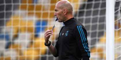 Real Madrid's French coach Zinedine Zidane takes in a Real Madrid team training session at the Olympic Stadium in Kiev, Ukraine on May 25, 2018, on the eve of the UEFA Champions League final football match between Liverpool and Real Madrid. (Photo by Franck FIFE / AFP) (Photo credit should read FRANCK FIFE/AFP/Getty Images)