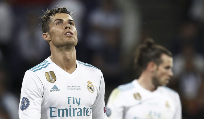 Real Madrid's Portuguese forward Cristiano Ronaldo reacts during the UEFA Champions League final football match between Liverpool and Real Madrid at the Olympic Stadium in Kiev, Ukraine on May 26, 2018. (Photo by Isabella BONOTTO / Update Images Press / AFP) (Photo credit should read ISABELLA BONOTTO/AFP/Getty Images)