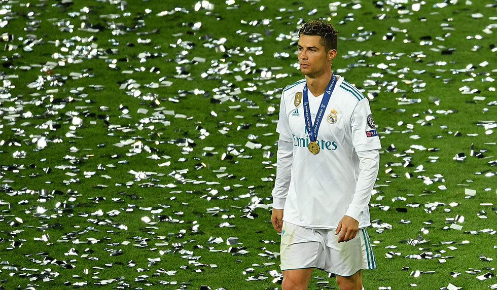KIEV, UKRAINE - MAY 26: Cristiano Ronaldo of Real Madrid reacts following the UEFA Champions League Final between Real Madrid and Liverpool at NSC Olimpiyskiy Stadium on May 26, 2018 in Kiev, Ukraine. (Photo by Mike Hewitt/Getty Images)
