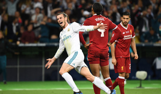Real Madrid's Welsh forward Gareth Bale (L) reacts after scoring his team's third goal during the UEFA Champions League final football match between Liverpool and Real Madrid at the Olympic Stadium in Kiev, Ukraine, on May 26, 2018. (Photo by FRANCK FIFE / AFP) (Photo credit should read FRANCK FIFE/AFP/Getty Images)