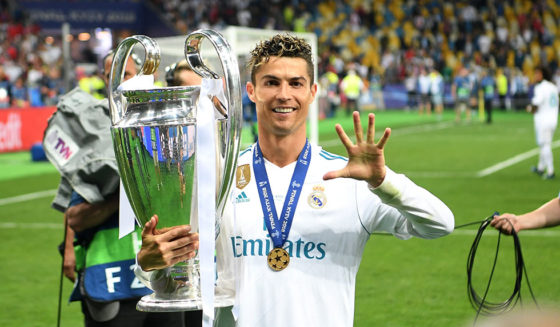 KIEV, UKRAINE - MAY 26: Cristiano Ronaldo of Real Madrid lifts The UEFA Champions League trophy following his sides victory in during the UEFA Champions League Final between Real Madrid and Liverpool at NSC Olimpiyskiy Stadium on May 26, 2018 in Kiev, Ukraine. (Photo by Michael Regan/Getty Images)