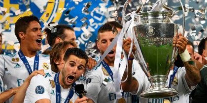 TOPSHOT - Real Madrid's Spanish defender Nacho Fernandez direct the selfie stick as Real Madrid players celebrate winning the UEFA Champions League final football match between Liverpool and Real Madrid at the Olympic Stadium in Kiev, Ukraine on May 26, 2018. - Real Madrid defeated Liverpool 3-1. (Photo by Paul ELLIS / AFP) (Photo credit should read PAUL ELLIS/AFP/Getty Images)