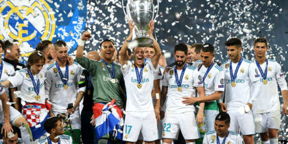 KIEV, UKRAINE - MAY 26: Lucas Vazquez of Real Madrid lifts The UEFA Champions League trophy following their sides victory in the UEFA Champions League Final between Real Madrid and Liverpool at NSC Olimpiyskiy Stadium on May 26, 2018 in Kiev, Ukraine. (Photo by Shaun Botterill/Getty Images)