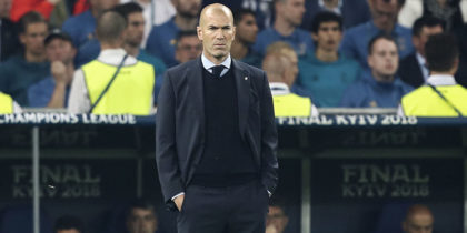 Real Madrid's French coach Zinedine Zidane looks on during the UEFA Champions League final football match between Liverpool and Real Madrid at the Olympic Stadium in Kiev, Ukraine on May 26, 2018. (Photo by Isabella BONOTTO / Update Images Press / AFP) (Photo credit should read ISABELLA BONOTTO/AFP/Getty Images)