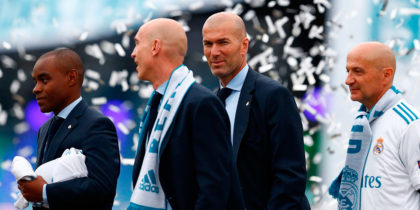 (FromL) Real Madrid's assistant coaches Amidou Msaidie, assistant coach David Bettoni, Real Madrid's French coach Zinedine Zidane, and Antonio Pintus celebrate at Cibeles square in Madrid on May 27, 2018 after Real Madrid won their third Champions League title in a row in Kiev. (Photo by BENJAMIN CREMEL / AFP) (Photo credit should read BENJAMIN CREMEL/AFP/Getty Images)