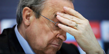 MADRID, SPAIN - MAY 31: Real Madrid CF president Florentino Perez reacts as he listens to Zinedine Zidane during a press conference to announce his resignation as Real Madrid coach at Valdebebas Sport City on May 31, 2018 in Madrid, Spain. Zidane steps down from the position of Manager of Real Madrid, after leading the club to it's third consecutive UEFA Champions League title. (Photo by Gonzalo Arroyo Moreno/Getty Images)