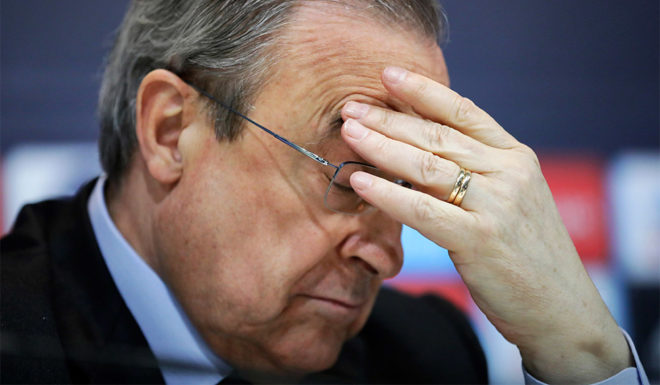 MADRID, SPAIN - MAY 31: Real Madrid CF president Florentino Perez reacts as he listens to Zinedine Zidane during a press conference to announce his resignation as Real Madrid coach at Valdebebas Sport City on May 31, 2018 in Madrid, Spain. Zidane steps down from the position of Manager of Real Madrid, after leading the club to it's third consecutive UEFA Champions League title. (Photo by Gonzalo Arroyo Moreno/Getty Images)