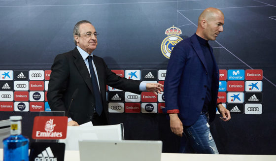 MADRID, SPAIN - MAY 31: Real Madrid CF president Florentino Perez (L) and Zinedine Zidane (R) attends a press conference to announce his resignation as Real Madrid manager at Valdebebas Sport City on May 31, 2018 in Madrid, Spain. Zidane steps down from the position of Manager of Real Madrid, after leading the club to it's third consecutive UEFA Champions League title. (Photo by Gonzalo Arroyo Moreno/Getty Images)