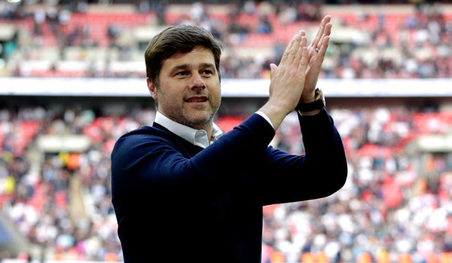 LONDON, ENGLAND - MAY 13: Mauricio Pochettino, Manager of Tottenham Hotspur shows appreciation to the fans after the Premier League match between Tottenham Hotspur and Leicester City at Wembley Stadium on May 13, 2018 in London, England. (Photo by Henry Browne/Getty Images)