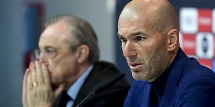 TOPSHOT - Real Madrid's French coach Zinedine Zidane (R) sits beside president Florentino Perez, during a press conference to announce his resignation in Madrid on May 31, 2018. - Real Madrid coach Zinedine Zidane said today he was leaving the Spanish giants, just days after winning the Champions League for the third year in a row. (Photo by PIERRE-PHILIPPE MARCOU / AFP) (Photo credit should read PIERRE-PHILIPPE MARCOU/AFP/Getty Images)