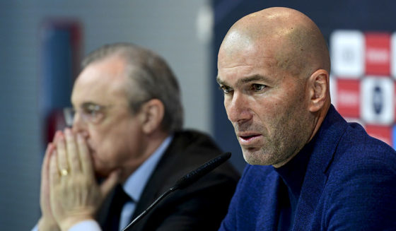 TOPSHOT - Real Madrid's French coach Zinedine Zidane (R) sits beside president Florentino Perez, during a press conference to announce his resignation in Madrid on May 31, 2018. - Real Madrid coach Zinedine Zidane said today he was leaving the Spanish giants, just days after winning the Champions League for the third year in a row. (Photo by PIERRE-PHILIPPE MARCOU / AFP) (Photo credit should read PIERRE-PHILIPPE MARCOU/AFP/Getty Images)