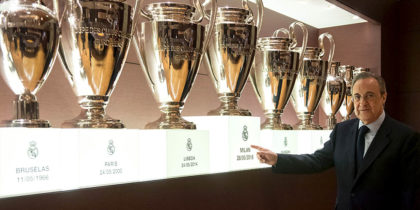 Real Madrid's President Florentino Perez poses during an AFP interview in the trophy room of the Santiago Bernabeu stadium in Madrid, on November 27, 2016. Zinedine Zidane's smooth transition from Real Madrid legend as a player to Champions League winning coach has caught many by surprise, but Real president Florentino Perez believes success was guaranteed by the Frenchman's "love story" with the Spanish giants. / AFP / JAVIER SORIANO (Photo credit should read JAVIER SORIANO/AFP/Getty Images)