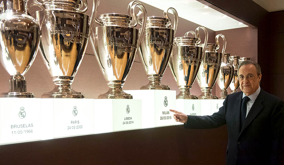 Real Madrid's President Florentino Perez poses during an AFP interview in the trophy room of the Santiago Bernabeu stadium in Madrid, on November 27, 2016. Zinedine Zidane's smooth transition from Real Madrid legend as a player to Champions League winning coach has caught many by surprise, but Real president Florentino Perez believes success was guaranteed by the Frenchman's "love story" with the Spanish giants. / AFP / JAVIER SORIANO (Photo credit should read JAVIER SORIANO/AFP/Getty Images)