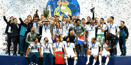 KIEV, UKRAINE - MAY 26: Nacho Fernandez of Real Madrid lifts The UEFA Champions League trophy following their side's victory in the UEFA Champions League Final between Real Madrid and Liverpool at NSC Olimpiyskiy Stadium on May 26, 2018 in Kiev, Ukraine. (Photo by David Ramos/Getty Images)