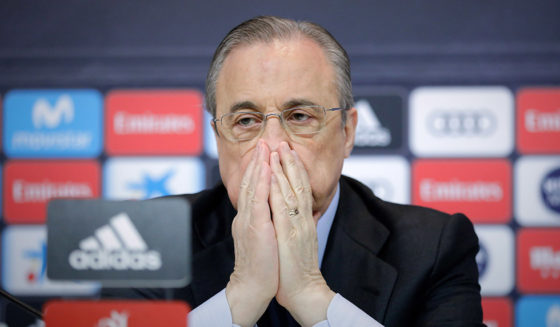 MADRID, SPAIN - MAY 31: Real Madrid CF president Florentino Perez reacts as he listens to Zinedine Zidane during a press conference to announce his resignation as Real Madrid coach at Valdebebas Sport City on May 31, 2018 in Madrid, Spain. Zidane steps down from the position of Manager of Real Madrid, after leading the club to it's third consecutive UEFA Champions League title. (Photo by Gonzalo Arroyo Moreno/Getty Images)