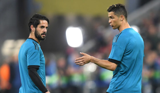 Real Madrid's Portuguese forward Cristiano Ronaldo (R) speaks to Real Madrid's Spanish midfielder Isco ahead of the UEFA Champions League semi-final first-leg football match FC Bayern Munich v Real Madrid CF in Munich in southern Germany on April 25, 2018. (Photo by Christof STACHE / AFP) (Photo credit should read CHRISTOF STACHE/AFP/Getty Images)