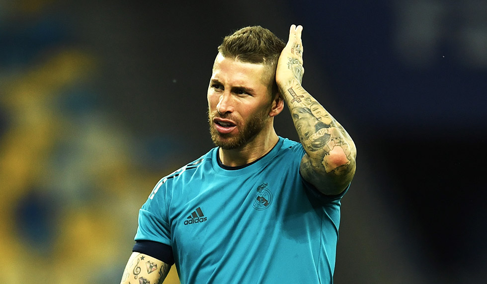 KIEV, UKRAINE - MAY 25: Sergio Ramos of Real Madrid looks on after a Real Madrid training session ahead of the UEFA Champions League Final against Liverpool at NSC Olimpiyskiy Stadium on May 25, 2018 in Kiev, Ukraine. (Photo by David Ramos/Getty Images)