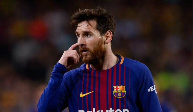 Barcelona's Argentinian forward Lionel Messi gestures during the Spanish league football match between FC Barcelona and Real Madrid CF at the Camp Nou stadium in Barcelona on May 6, 2018. (Photo by Josep LAGO / AFP) (Photo credit should read JOSEP LAGO/AFP/Getty Images)