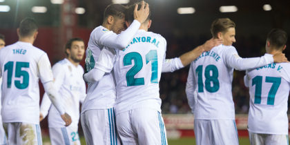 SORIA, SPAIN - JANUARY 04: Borja Mayoral of Real Madrid celebrates with Achraf Hakimi after scoring his team's 3rd goal during the Copa del Rey match between Numancia and Real Madrid at Nuevo Estadio Los Pajarito on January 4, 2018 in Soria, Spain. (Photo by Denis Doyle/Getty Images)