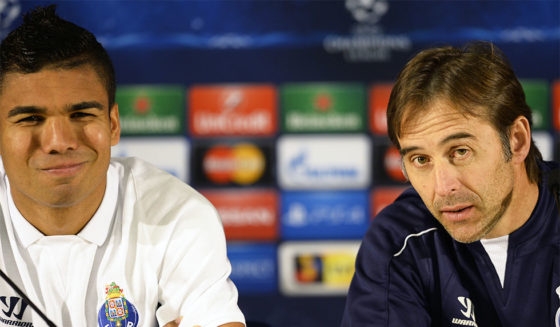 Porto's Spanish coach Julen Lopetegui (R) and Brazilian midfielder Casemiro address a press conference before a training session at the Dragao stadium in Porto on March 9, 2015, on the eve of the UEFA Champions League football match FC Porto vs Basel. AFP PHOTO/ MIGUEL RIOPA (Photo credit should read MIGUEL RIOPA/AFP/Getty Images)
