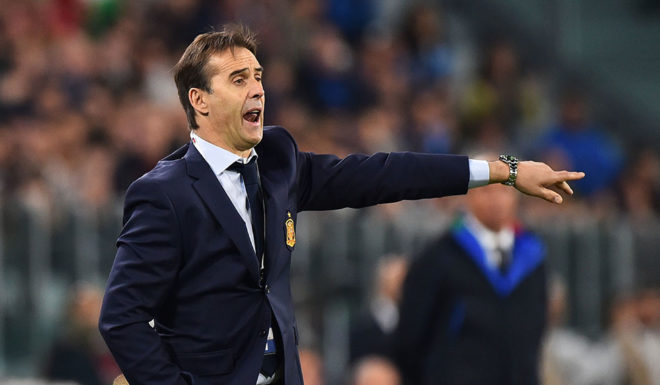 Spain's coach Julen Lopetegui reacts during the WC 2018 football qualification match between Italy and Spain on October 6, 2016 at the Juventus stadium in Turin / AFP / GIUSEPPE CACACE (Photo credit should read GIUSEPPE CACACE/AFP/Getty Images)
