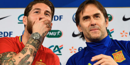 (From L) Spain's defender Sergio Ramos jokes with Spain's head coach Julen Lopetegui during a press conference at the Stade de France stadium in Saint-Denis, north of Paris, on March 27, 2017 on the eve of the friendly football match Spain against France. / AFP PHOTO / FRANCK FIFE (Photo credit should read FRANCK FIFE/AFP/Getty Images)