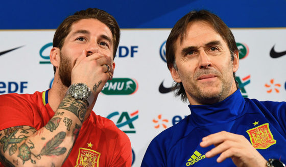 (From L) Spain's defender Sergio Ramos jokes with Spain's head coach Julen Lopetegui during a press conference at the Stade de France stadium in Saint-Denis, north of Paris, on March 27, 2017 on the eve of the friendly football match Spain against France. / AFP PHOTO / FRANCK FIFE (Photo credit should read FRANCK FIFE/AFP/Getty Images)