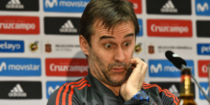 Spain's headcoach Julen Lopetegui reacts during a press conference of Spain on the eve of their international friendly match against Germany at Paul-Janes-Stadion on March 22, 2018 in Duesseldorf, Germany. / AFP PHOTO / Patrik STOLLARZ (Photo credit should read PATRIK STOLLARZ/AFP/Getty Images)