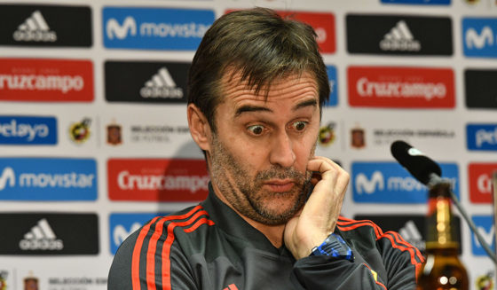 Spain's headcoach Julen Lopetegui reacts during a press conference of Spain on the eve of their international friendly match against Germany at Paul-Janes-Stadion on March 22, 2018 in Duesseldorf, Germany. / AFP PHOTO / Patrik STOLLARZ (Photo credit should read PATRIK STOLLARZ/AFP/Getty Images)