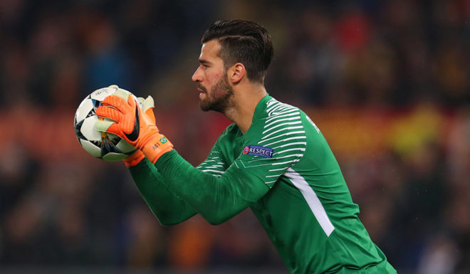 ROME, ITALY - APRIL 10: Alisson Becker of AS Roma during the UEFA Champions League Quarter Final second leg between AS Roma and FC Barcelona at Stadio Olimpico on April 10, 2018 in Rome, Italy. (Photo by Catherine Ivill/Getty Images)