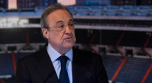 Real Madrid's president Florentino Perez gives a speech during the official presentation of Real Madrid´s newly appointed coach Julen Lopetegui at the Santiago Bernabeu stadium in Madrid on June 14, 2018. - Just a day after he was sacked on the eve of the World Cup, former Spain coach Julen Lopetegui arrived in Madrid to be officially presented as Real Madrid's new manager. (Photo by OSCAR DEL POZO / AFP) (Photo credit should read OSCAR DEL POZO/AFP/Getty Images)
