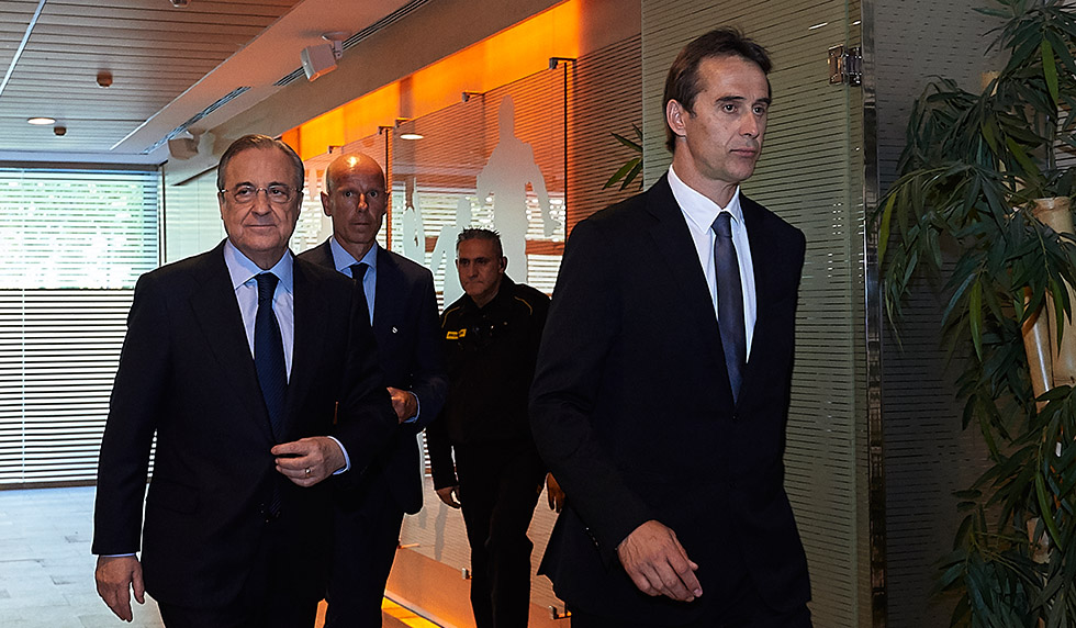 MADRID, SPAIN - JUNE 14: Julen Lopetegui (R) walks into a press conference with Real Madrid president Florentino Perez (L) before he is announced as new Real Madrid head coach at Santiago Bernabeu Stadium on June 14, 2018 in Madrid, Spain. (Photo by Quality Sport Images/Getty Images)