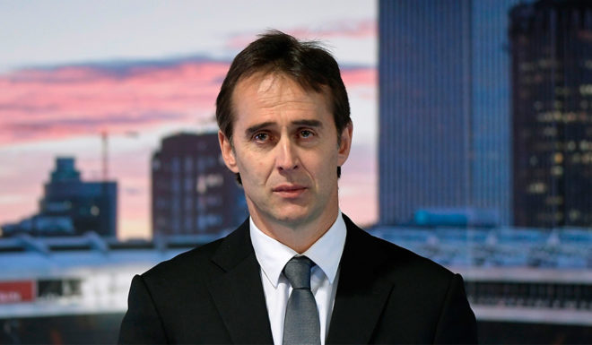 Real Madrid´s newly appointed coach Julen Lopetegui gives a speech during his official presentation at the Santiago Bernabeu stadium in Madrid on June 14, 2018. - Just a day after he was sacked on the eve of the World Cup, former Spain coach Julen Lopetegui arrived in Madrid to be officially presented as Real Madrid's new manager. (Photo by OSCAR DEL POZO / AFP) (Photo credit should read OSCAR DEL POZO/AFP/Getty Images)