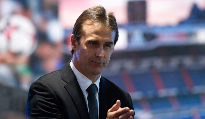 Real Madrid´s newly appointed coach Julen Lopetegui arrives for his official presentation at the Santiago Bernabeu stadium in Madrid on June 14, 2018. - Just a day after he was sacked on the eve of the World Cup, former Spain coach Julen Lopetegui arrived in Madrid to be officially presented as Real Madrid's new manager. (Photo by OSCAR DEL POZO / AFP) (Photo credit should read OSCAR DEL POZO/AFP/Getty Images)