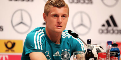 MOSCOW, RUSSIA - JUNE 14: Toni Kroos of Germany speaks to the media during a press conference during the Germany training session ahead of the 2018 FIFA World Cup at CSKA Sports Base Vatatinki on June 14, 2018 in Moscow, Russia. (Photo by Alexander Hassenstein/Getty Images)