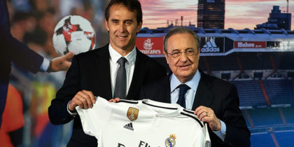 MADRID, SPAIN - JUNE 14: Julen Lopetegui the new head coach of Real Madrid (L) poses with Florentino Perez, President of Real Madrid at Santiago Bernabeu Stadium on June 14, 2018 in Madrid, Spain. (Photo by Quality Sport Images/Getty Images)